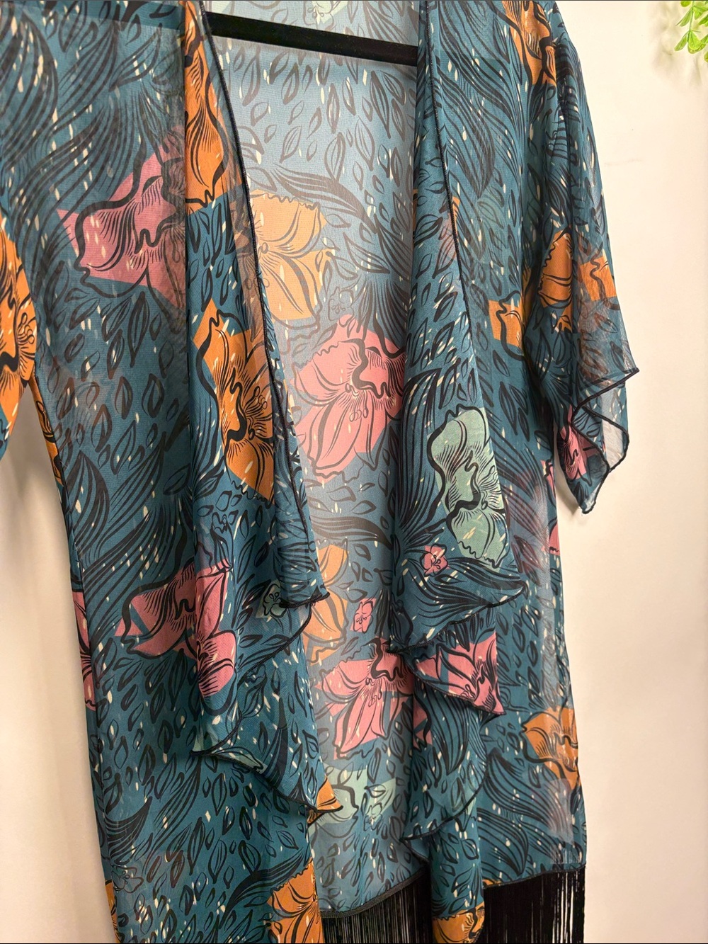 LuLaRoe Teal Floral Open Kimono with Black Detail - Picture 4 of 9
